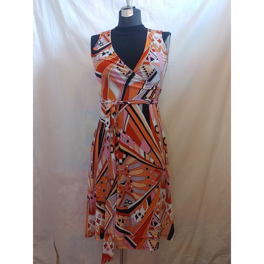 Bionic Abstract Wrap Dress Women's Sz S A-Line Sheath Striped Belted Knee Length - Picture 2 of 12
